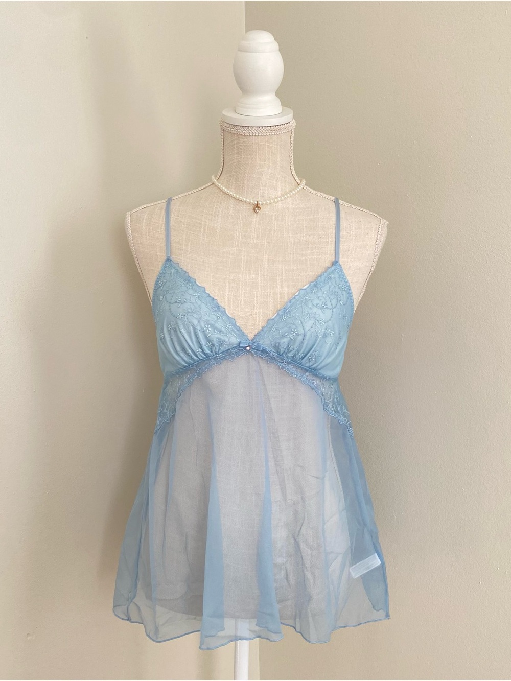 Sheer Lace Trim Babydoll Chemise - Light Blue